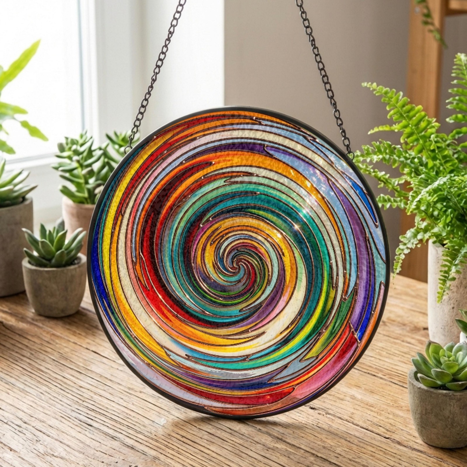Abstract Rainbow Spiral Stained Glass Art Suncatcher Sun Lover Gift