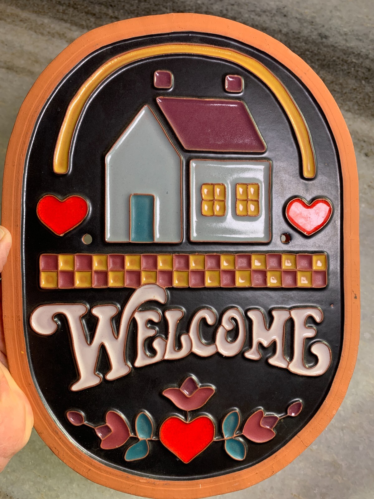 Vintage WELCOME Home House Sign Plaque Exterior Outdoors Hearts Terra Cotta