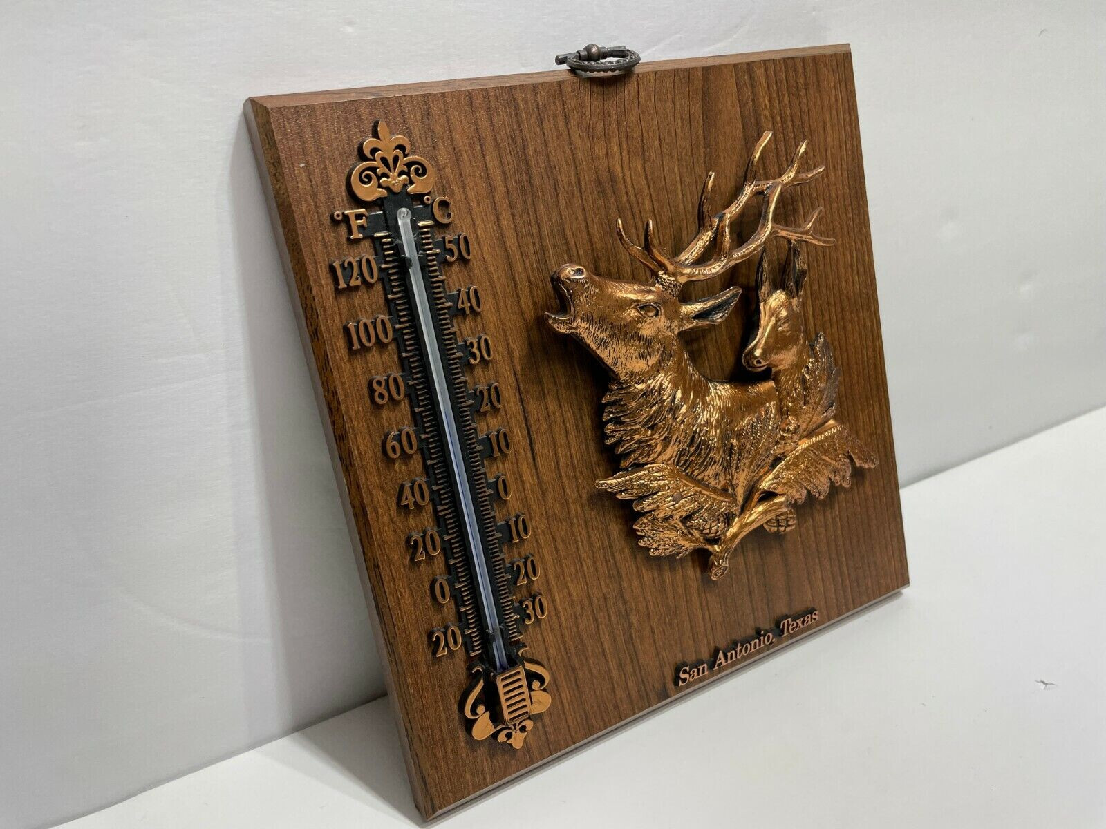 San Antonio TEXAS Wood WALL PLAQUE THERMOMETER Copper Color Deer Buck Lone Star