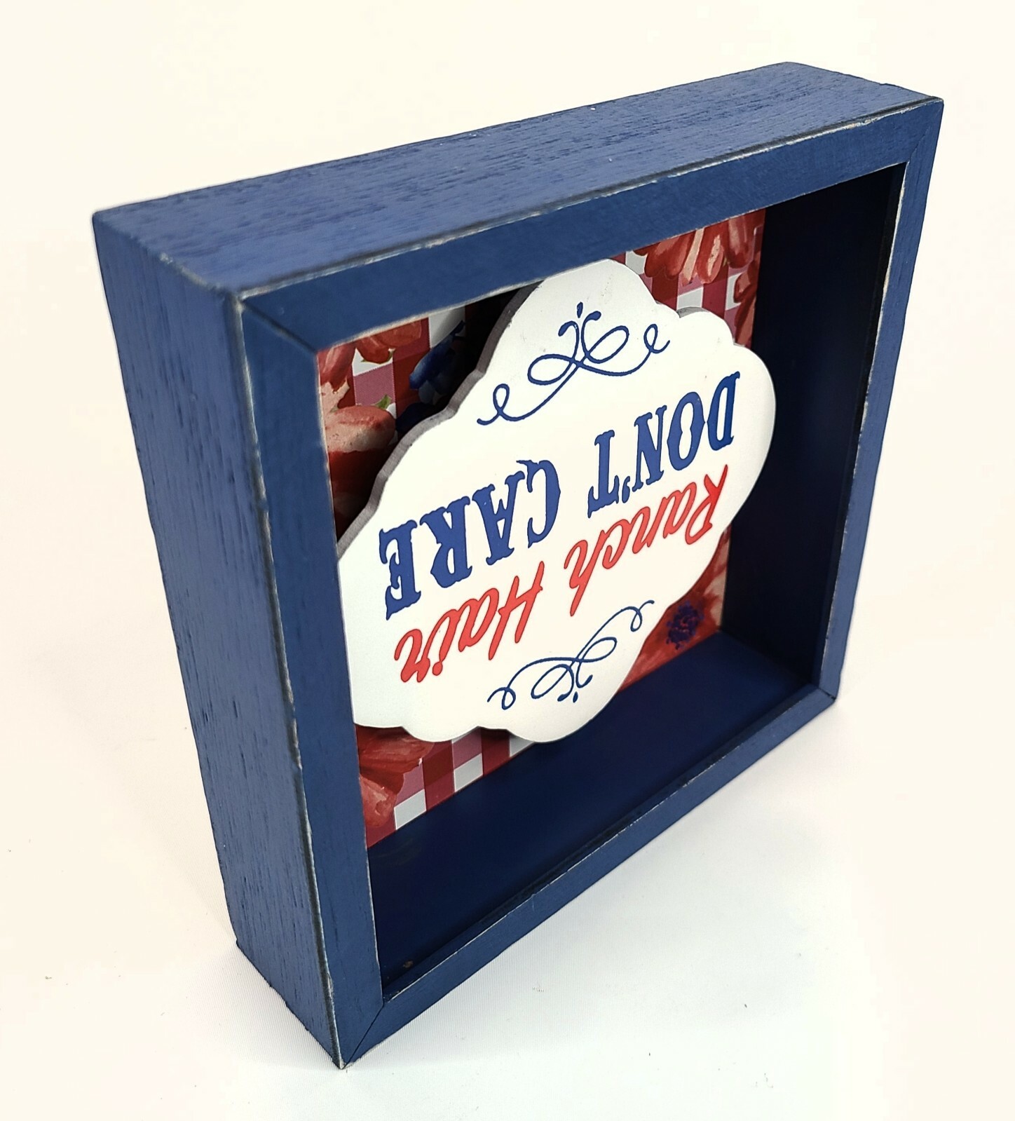 Pioneer Woman Painted Gingham Floral Ranch Hair Box Sign, Blue Frame, 6″x6″×1.5″