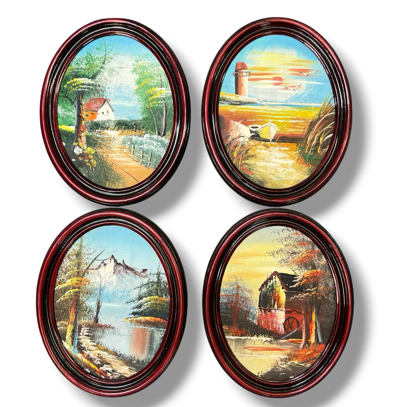 Vintage Four Seasons Impasto Oil Paintings Set 4 Oval Framed Landscape Wall Art