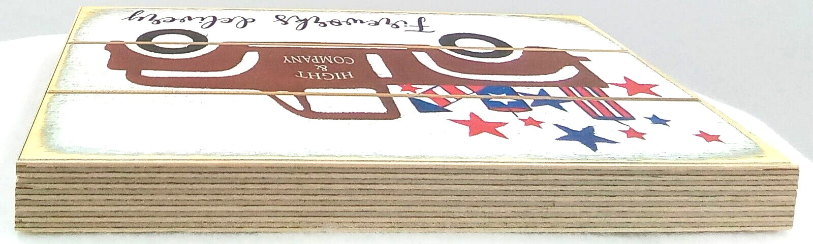 Fireworks Delivery Truck Block Sign Wood White Red Blue Brown Distressed 5H”x8″L