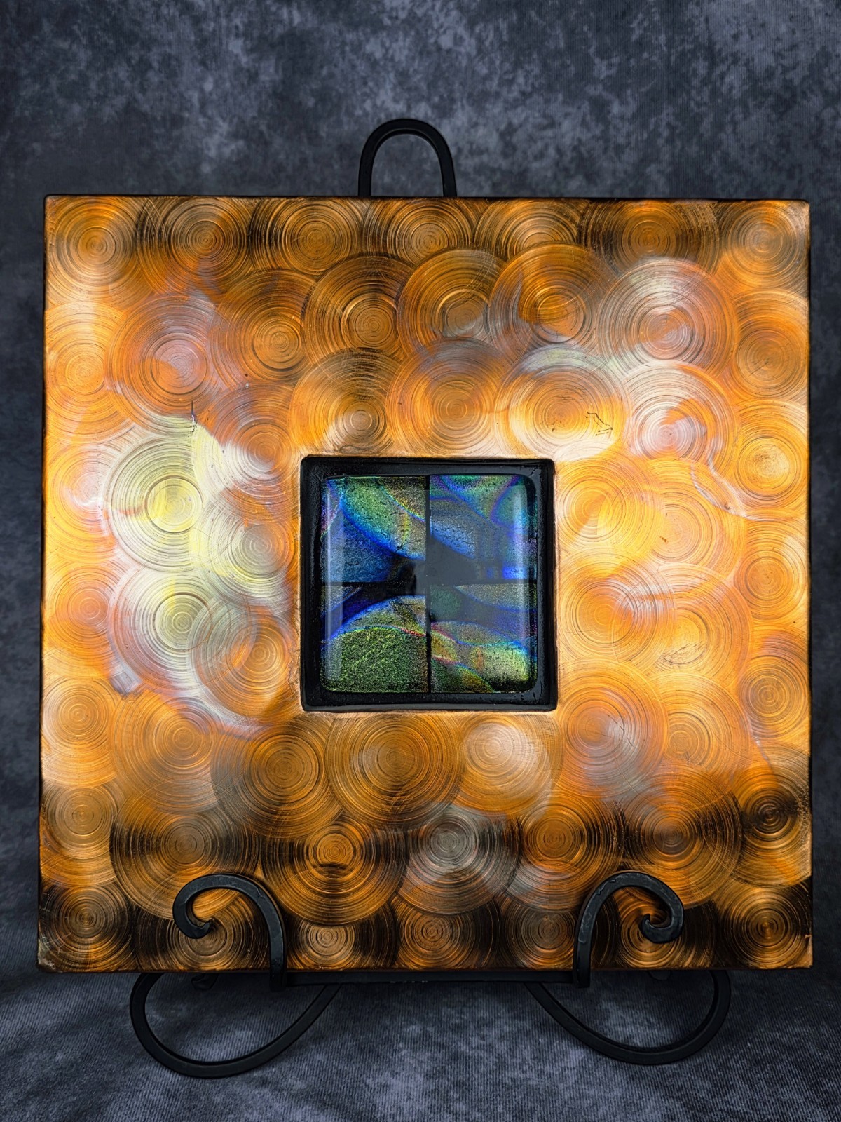 Dichroic Glass Metal Wall Art 12×12 Swirl Copper Patina Modern Industrial Decor