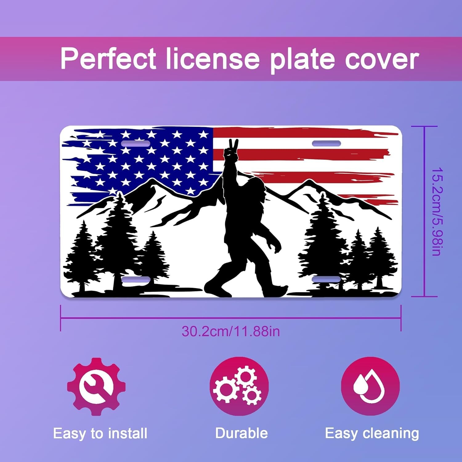 Sasquatch American Flag License Plate – Patriotic Bigfoot Car Tag