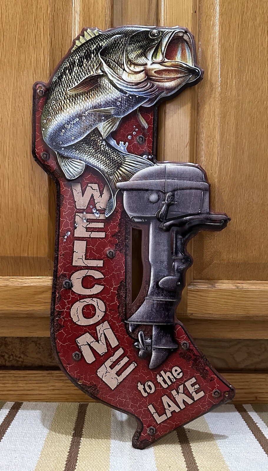Welcome To The Lake Sign Boat Motor Bass Fishing Tackle Vintage Style Wall Decor