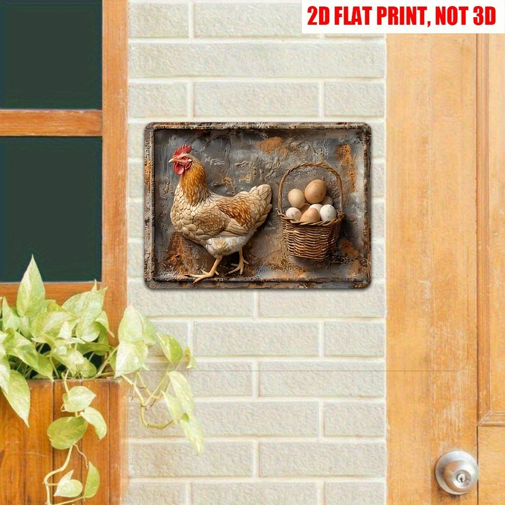 Vintage Farmhouse Chicken Metal Signs Hen & Egg Basket Rustic Wall Decor Country