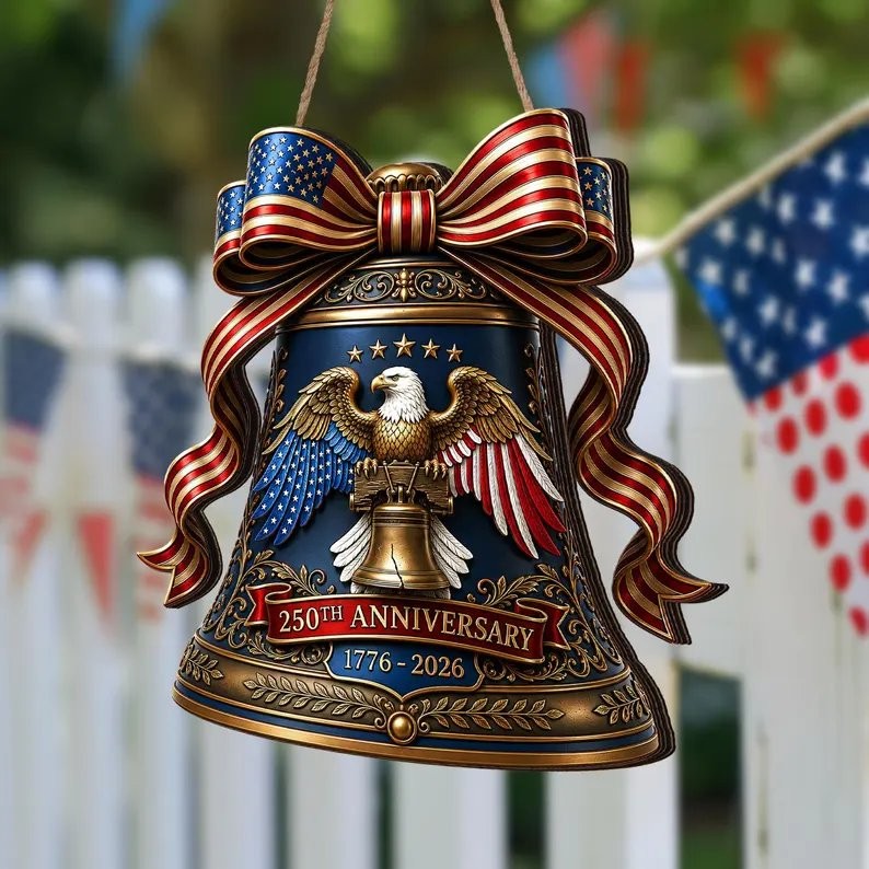USA 250th Anniversary Wooden Sign, Liberty Bell, Patriotic Door Hanger