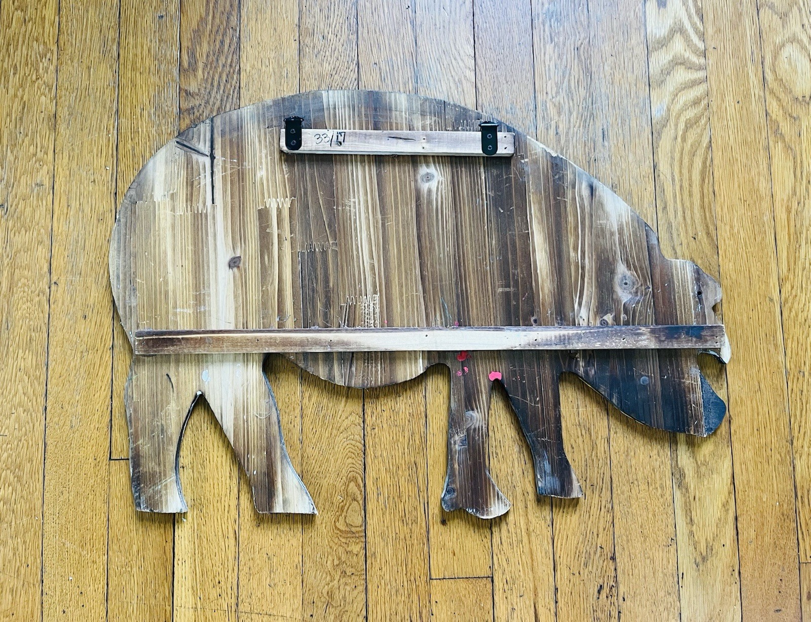 Wooden Hand Painted Striped Pig Wall Decor 23 1/2 x 15 1/2 Inches Hanging Hooks