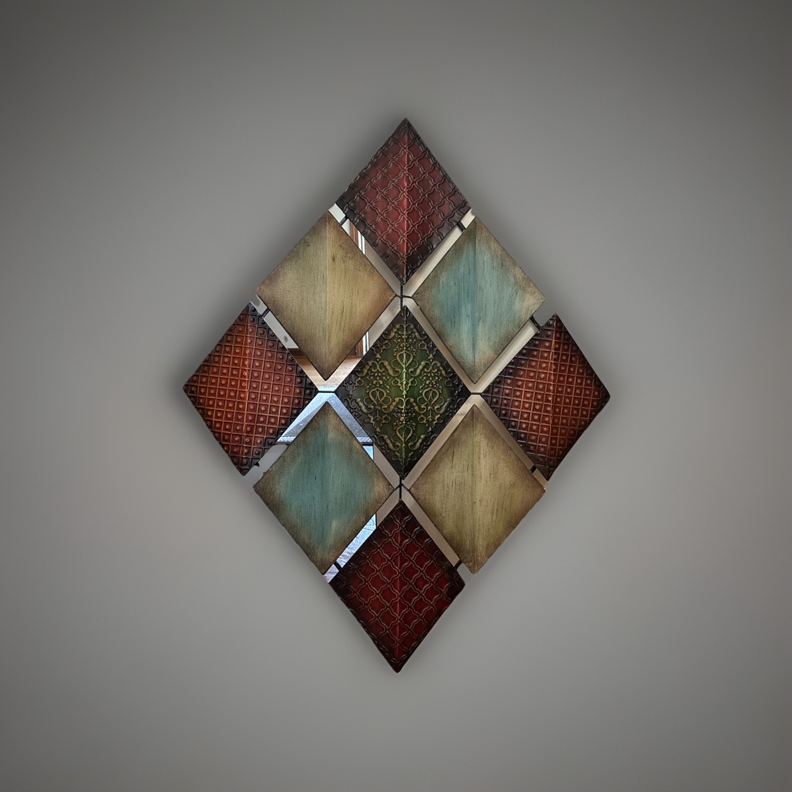 Vintage Metal Diamond Wall Art 40×30 Rustic Southwestern 3D Geometric Panels