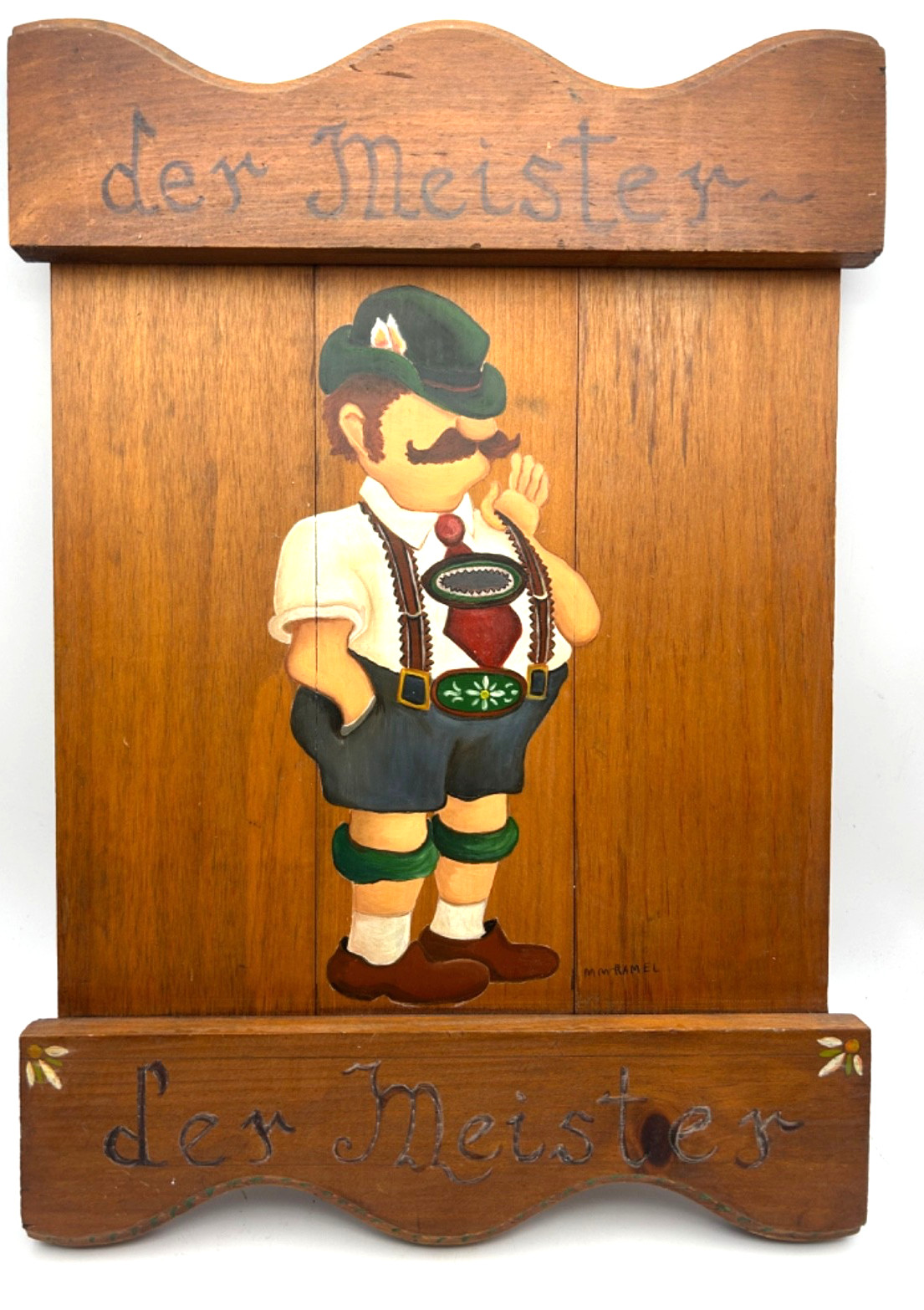 Vintage Hand Painted German Bavarian Der Meister Wooden Wall Plaque Signed