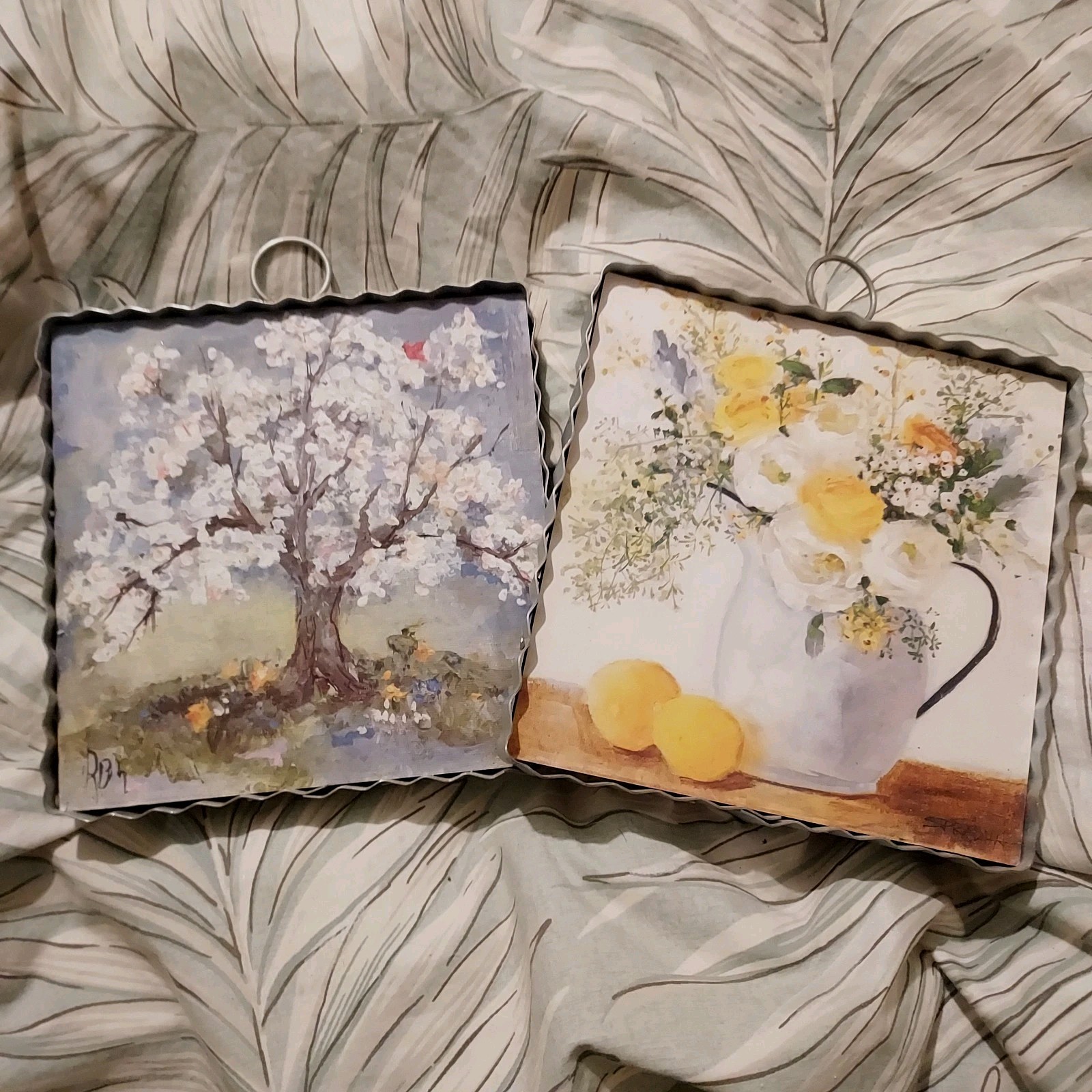 Cardinal Cherry Blossom Tree Print, Crimped Rustic Vtg Style Tin Frame 6 Inch