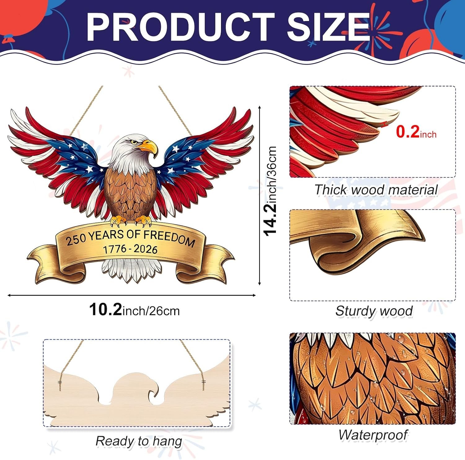 250th Anniversary 4th of July Door Sign, American Eagle 1776-2026 Wreath Patriot