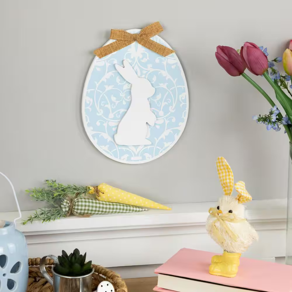 Easter Egg with Bunny and Burlap Bow Wooden Wall Decoration-9.5 In.-Blue