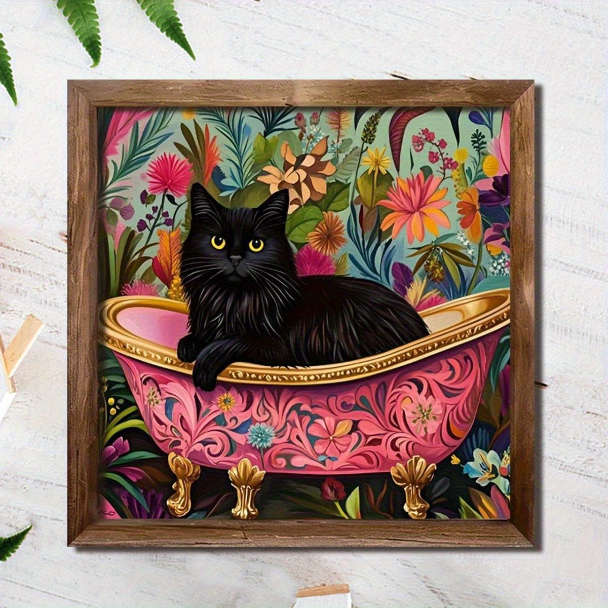 2D Rustic Wooden Black Cat & Floral Bathtub Sign Wall Art Home Room Office Decor