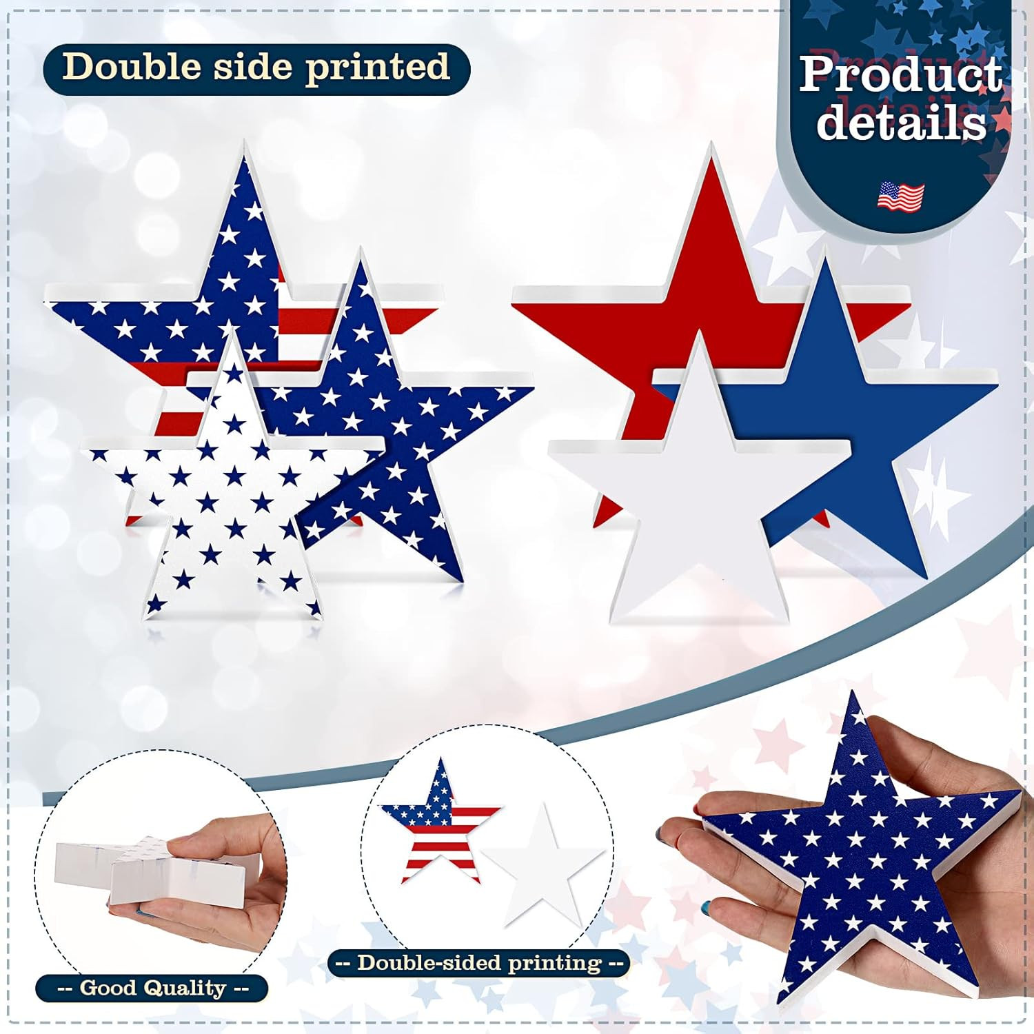 3 Pieces 4Th of July Wooden Star Signs Red White and Blue Wooden Stars Patriotic