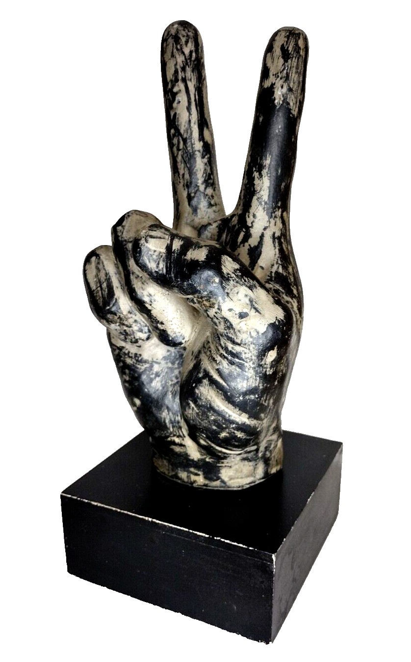 11 inch Hand Peace Symbol Distressed Resin Sculpture on Wooden Base