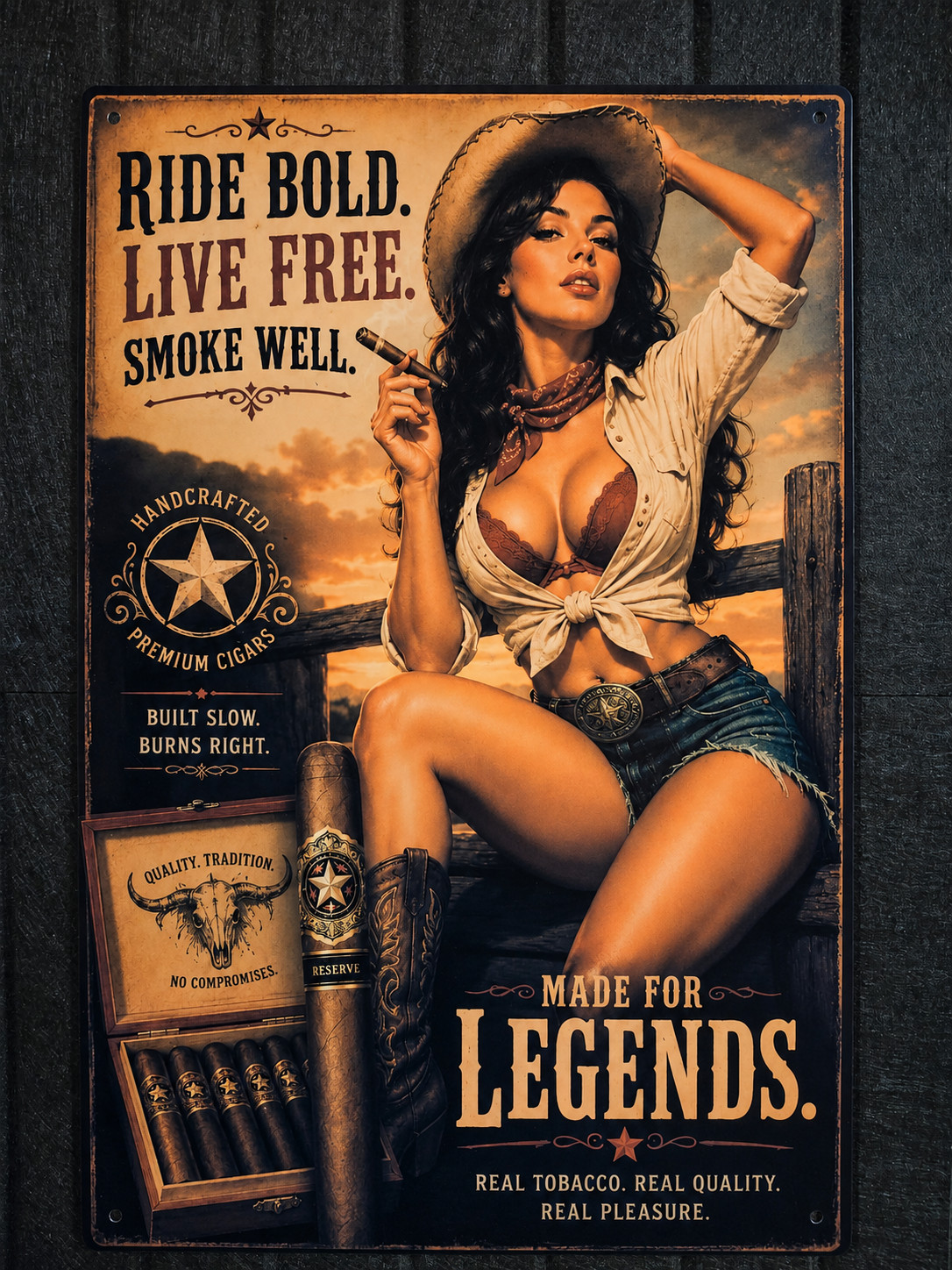 Cowgirl Cigar Metal Sign Retro Western Pin Up Bar Garage Wall Decor 8×12