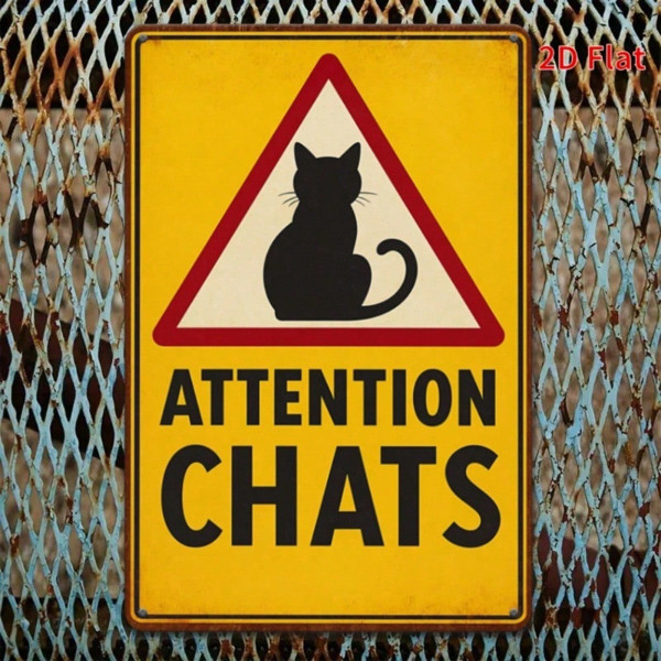 Vintage Metal Sign Attention Chats French Cat Warning Sign Wall Decor Plaque