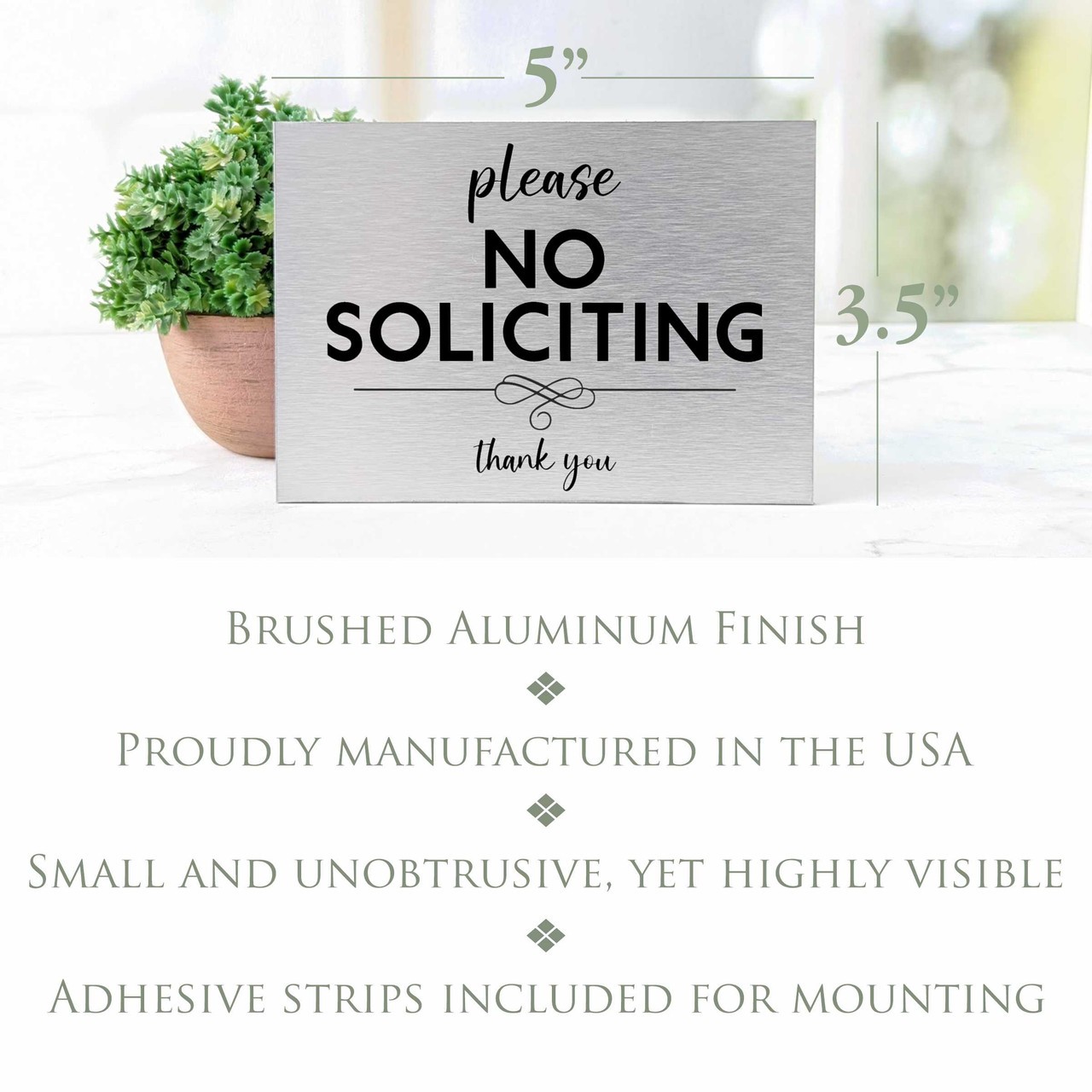 No Soliciting Sign For Front Entry Door – Brushed Aluminum Finish With Black