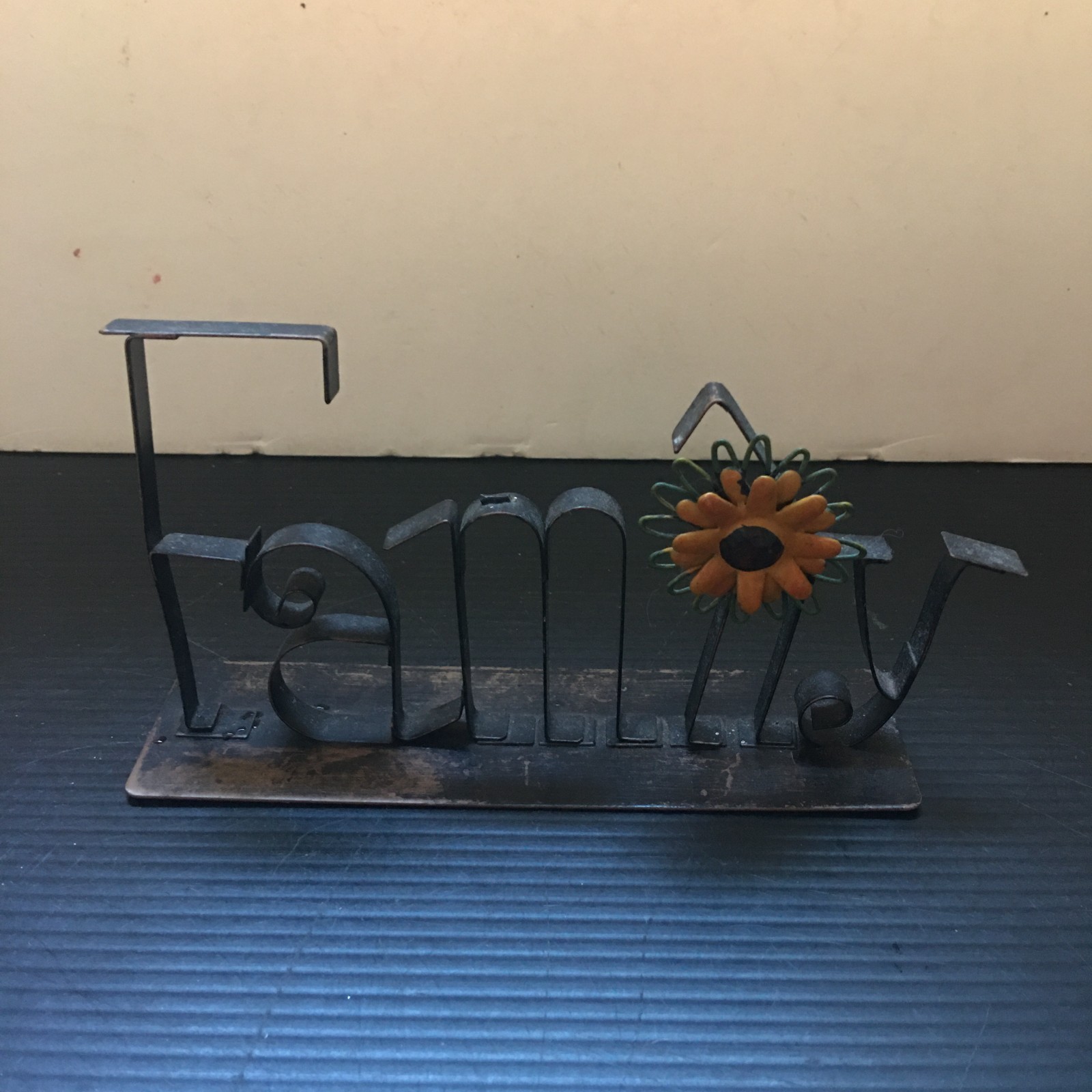 Vintage Metal Stand “FAMILY” Lettering Tabletop Display with Sunflower 6″L