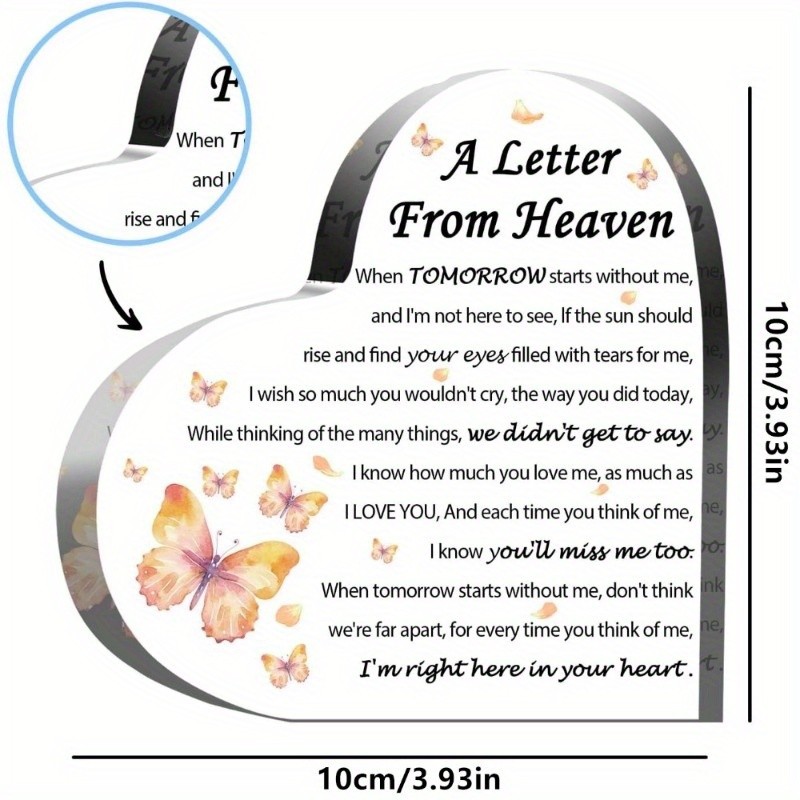 “A Letter From Heaven” Butterfly Acrylic Heart Memorial Plaque Sympathy Gift