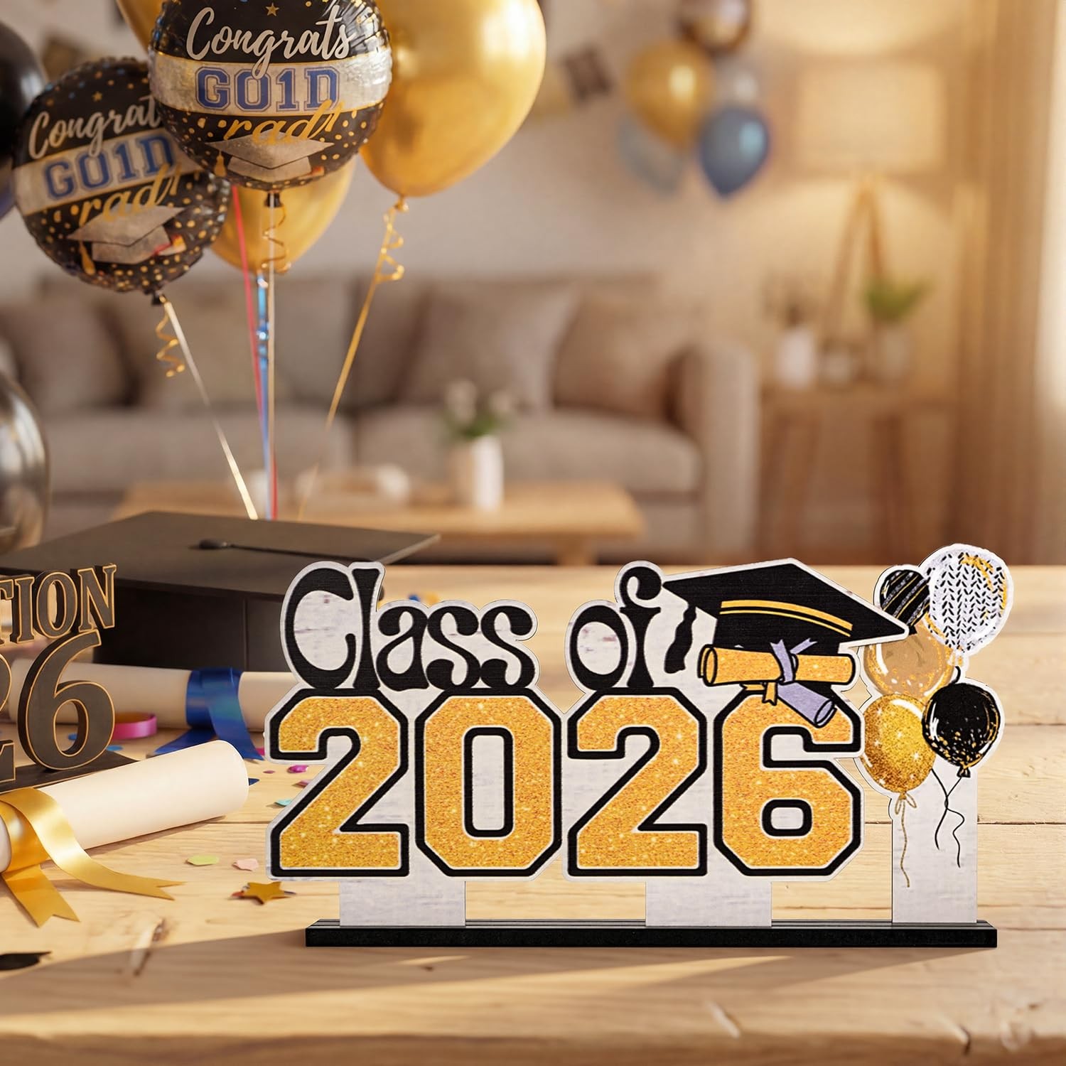 2026 Graduation Wooden Standing Decor Set, 2-Piece Class of 2026 Balloon Bouquet