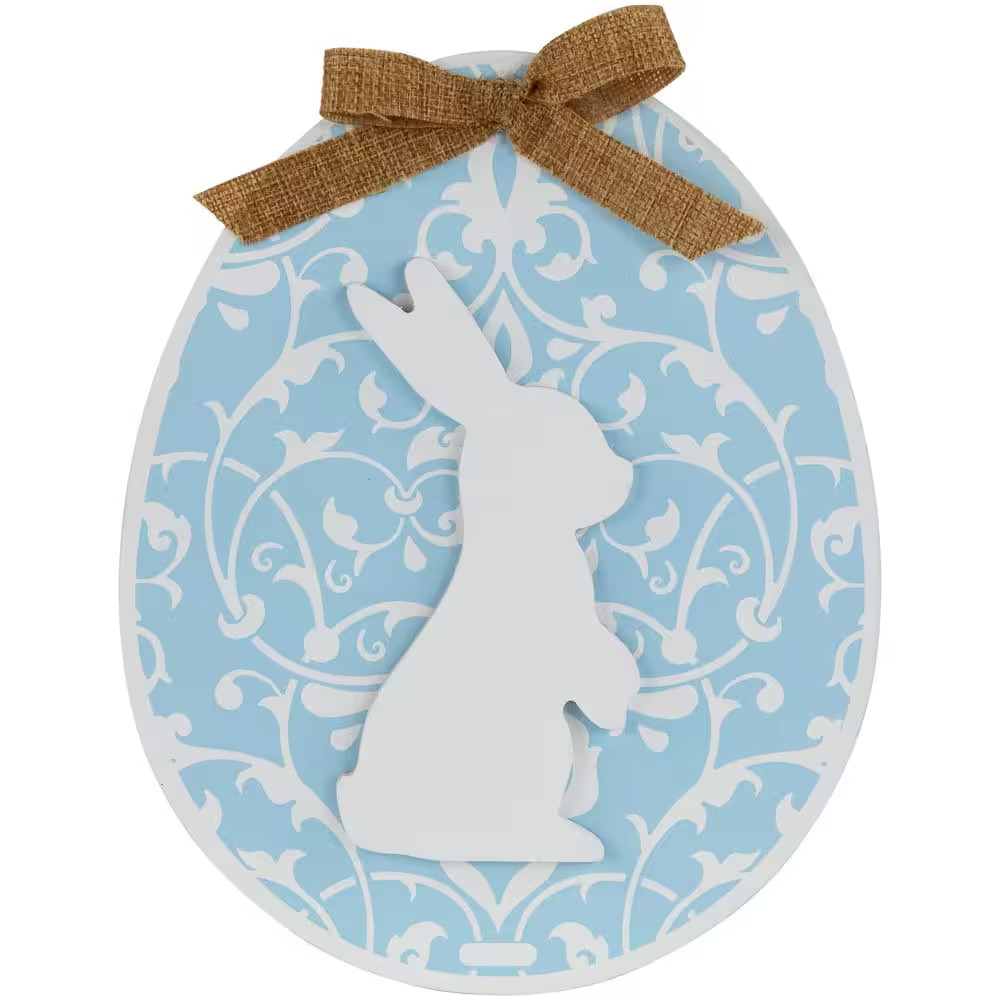 Easter Egg with Bunny and Burlap Bow Wooden Wall Decoration-9.5 In.-Blue