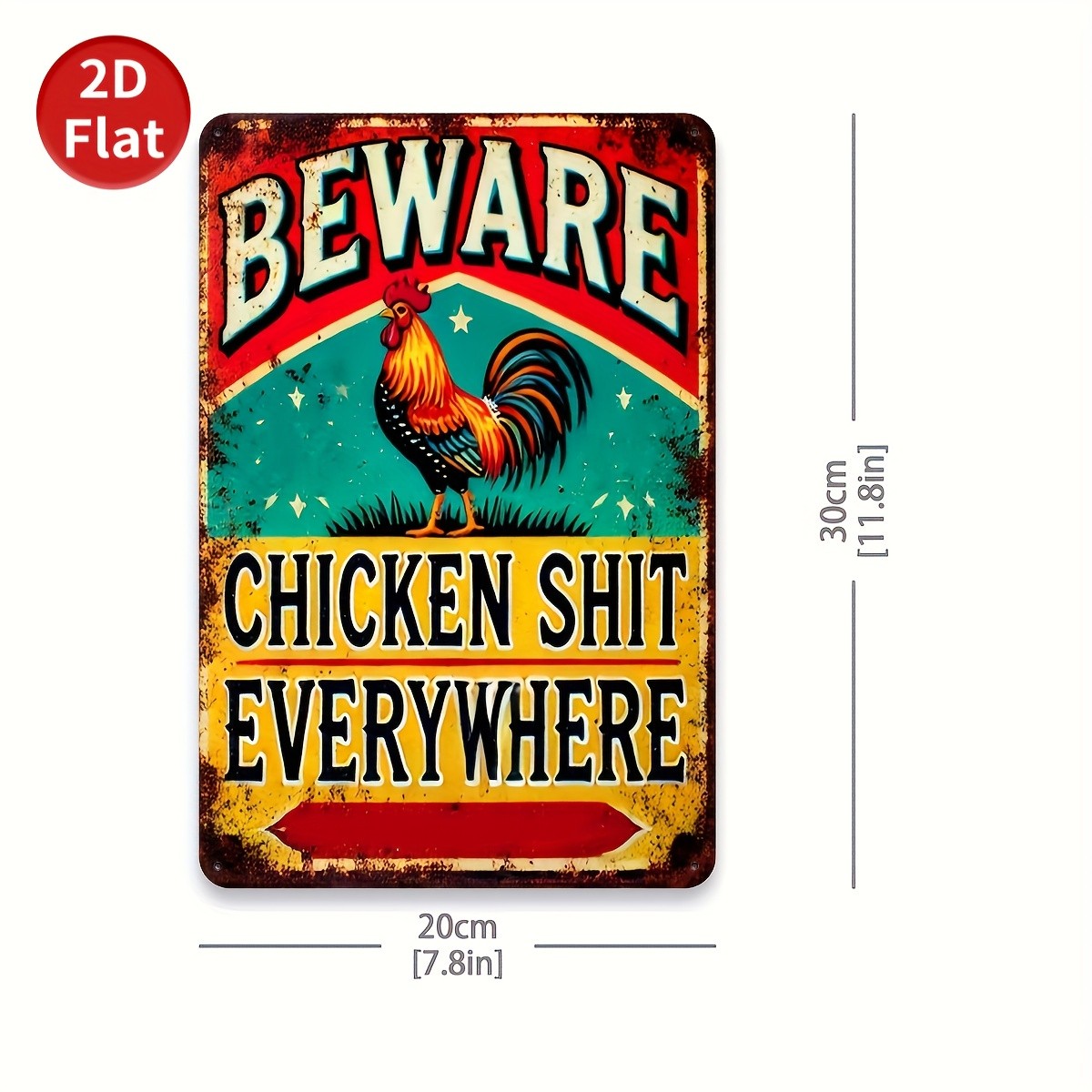 Beware Chicken S*** Everywhere Tin Sign Funny Rooster Metal Farmhouse Wall Decor