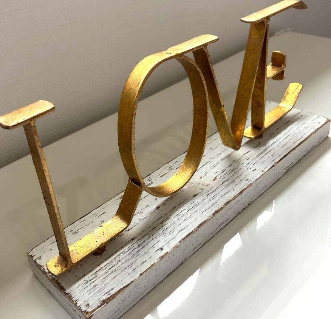 LOVE Gold-Metal Letters Decorative Sign White Wood Base, Sign Decor