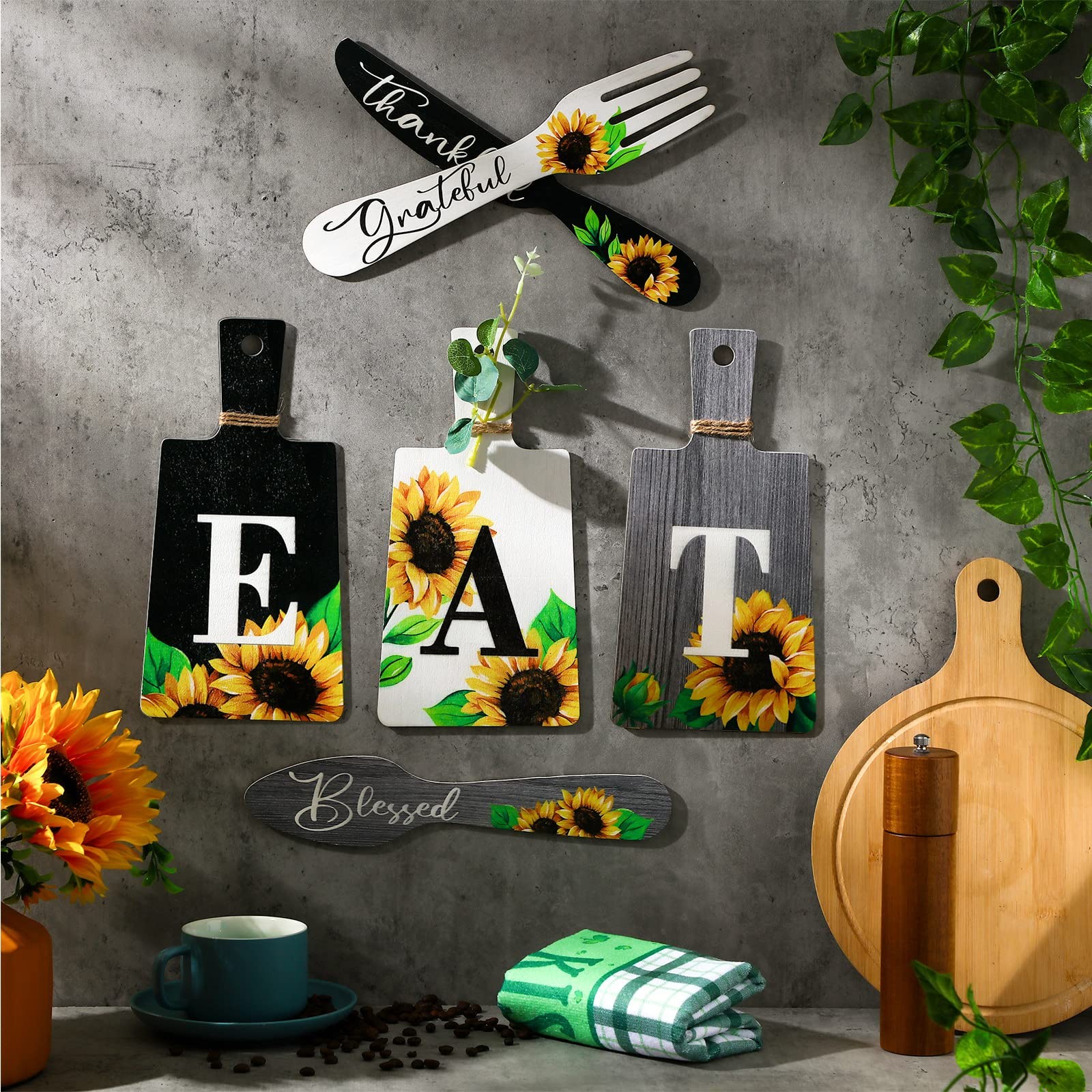 Bucherry Set of 6 Sunflower Kitchen 4.5 x inches, Black, White, Gray