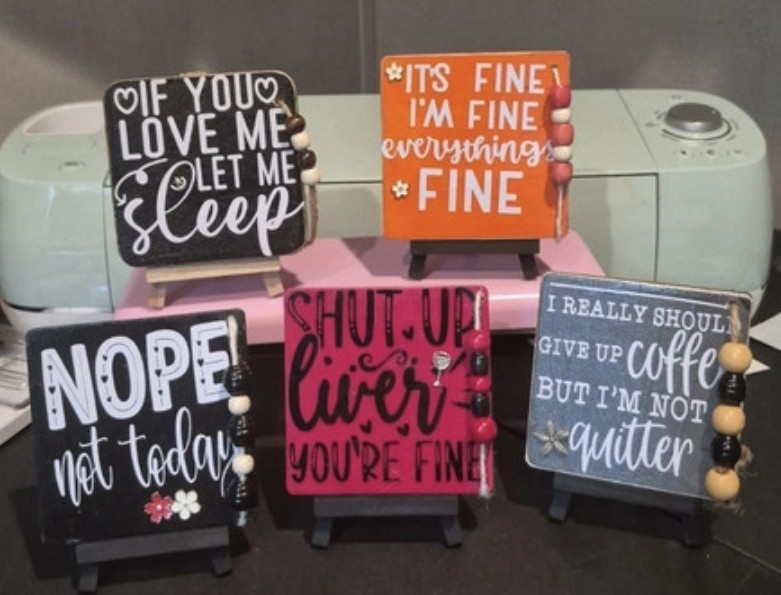Set of 5 Funny Quote Wood Mini Plaques Freestanding Square Multicolor Decor