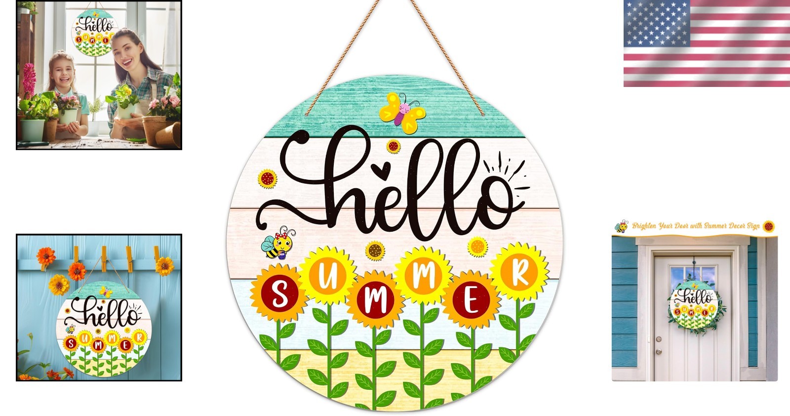 Farmhouse Sunflower Hello Summer Sign – Lightweight 11.5″ Front Door Decor
