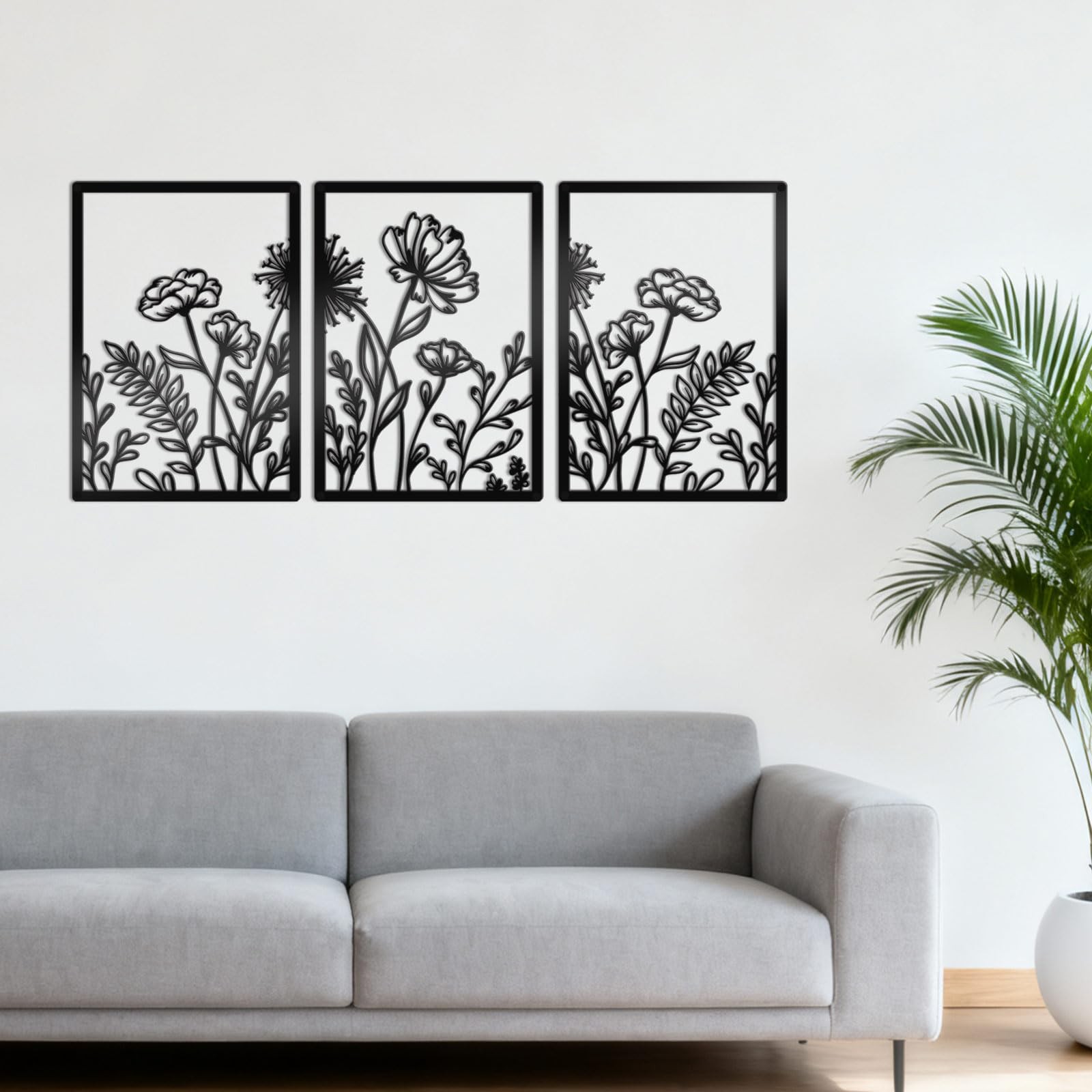 3 PCS Black Metal Wall Art Flower Line Minimalist Decor Symmetric Medium