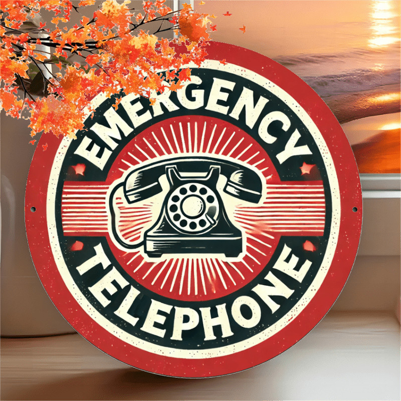 Emergency Telephone Vintage Rotary Phone Round Metal Sign Retro Wall Decor