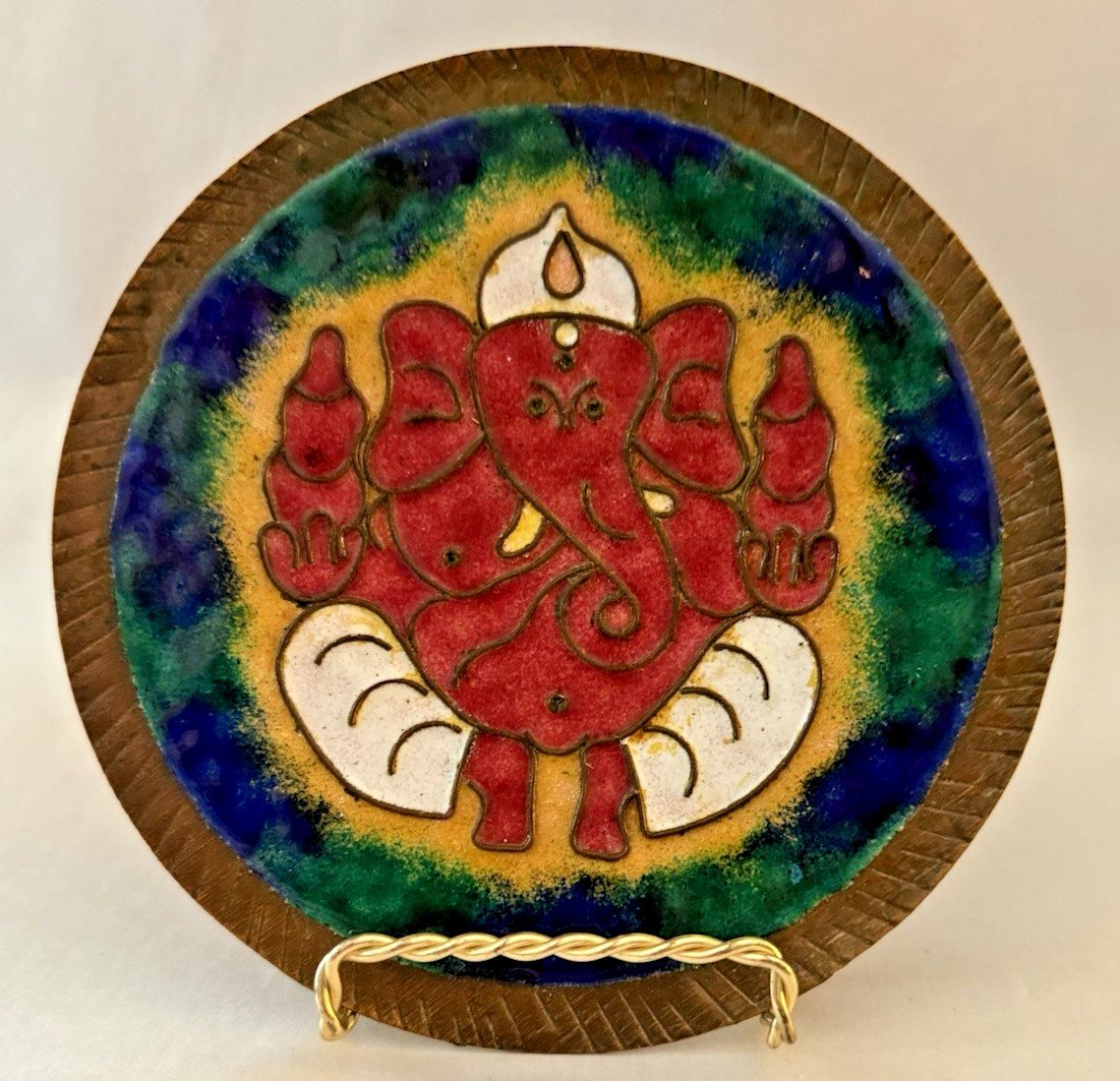 Ganesh Copper and Enamel Wall Plate Handcrafted Vtg Plaque 6.5 in Wall Hanging