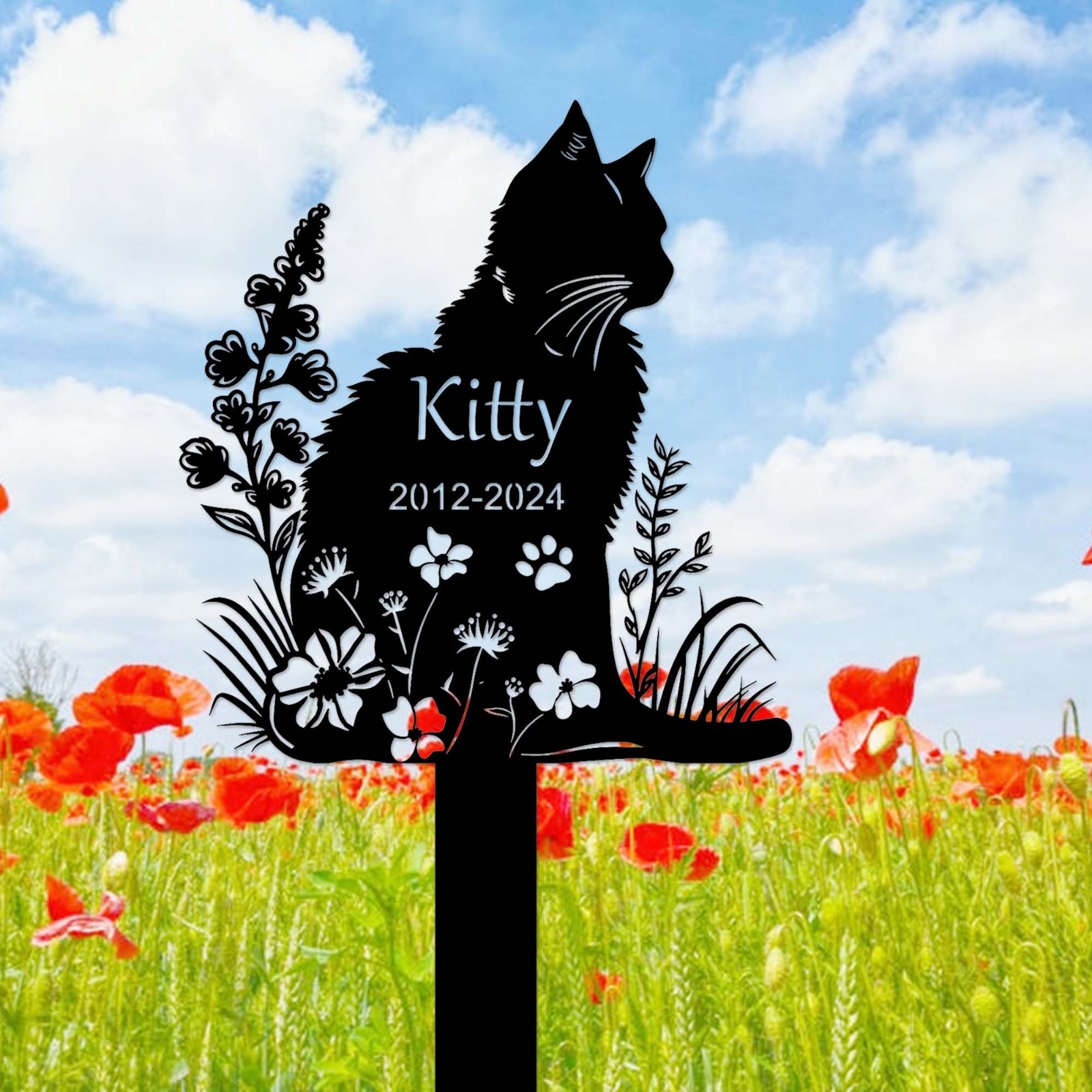 Personalized Metal Cat Grave Marker,Cat Memorial Stake with Flowers,Custom Cat