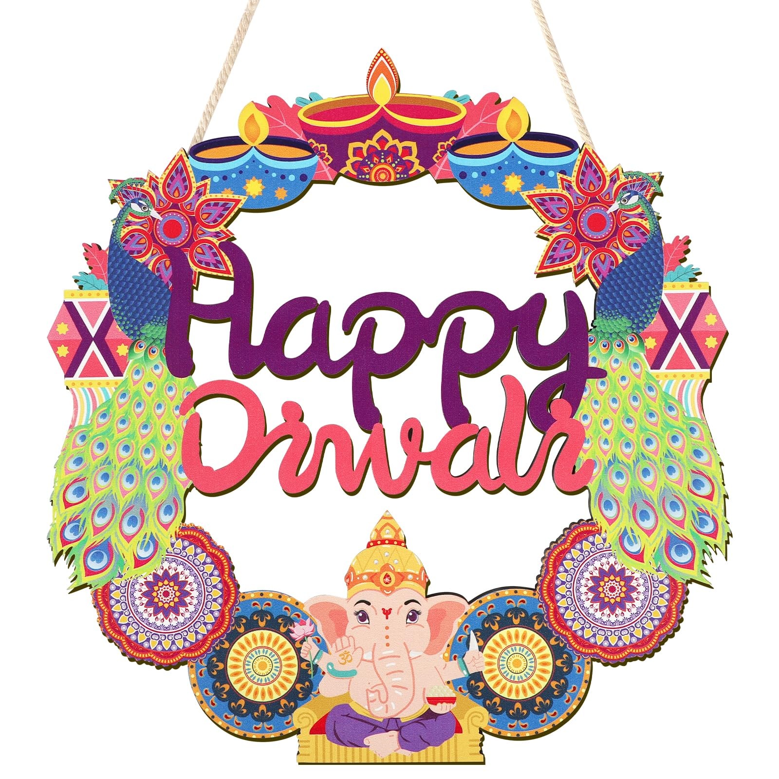 Wood Wreath for Front Door Porch Window Wall Hanging Decor Diwali