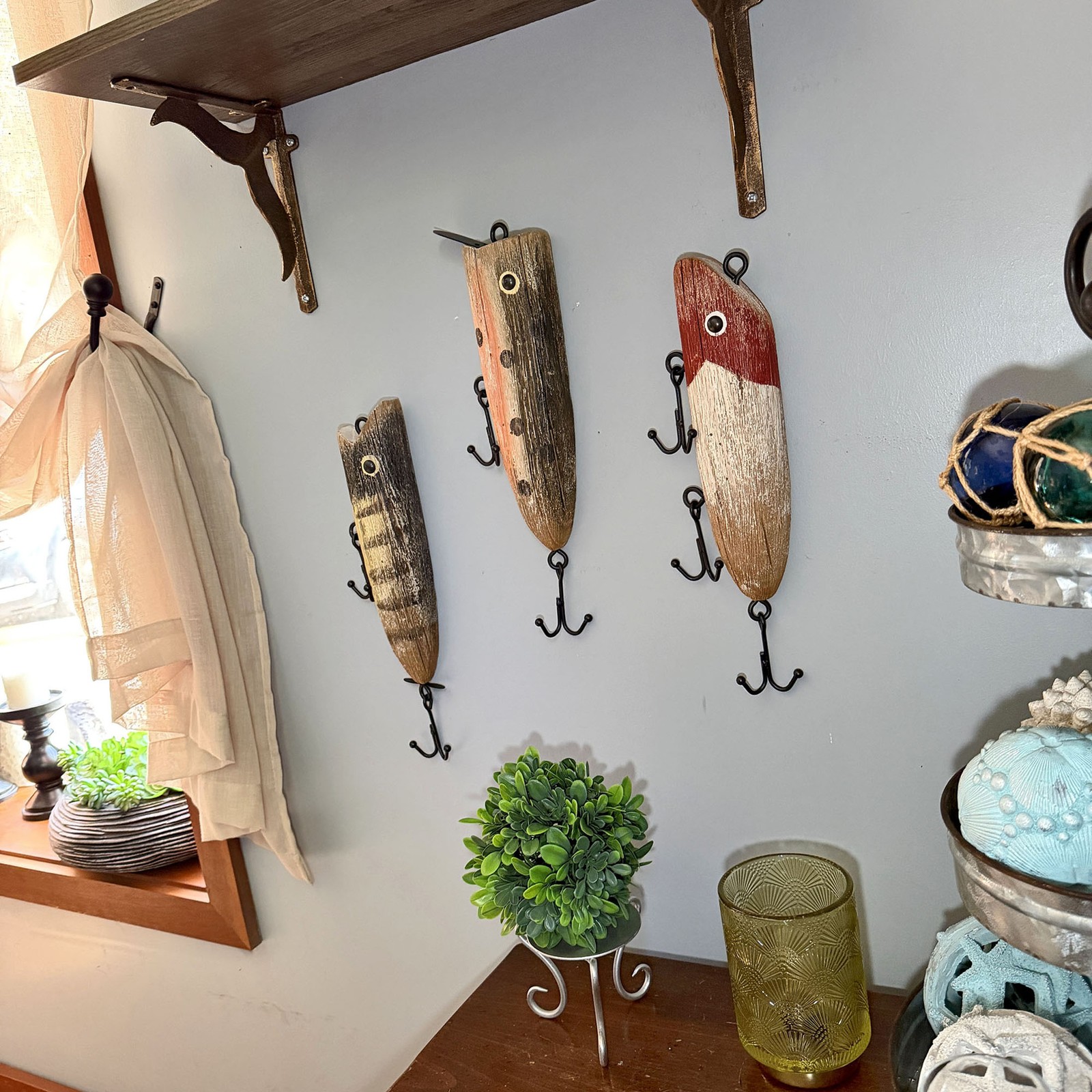 Fishing Lure Wall Hook Sculptures Set of 3 Vintage Wood Metal 13 in Decor