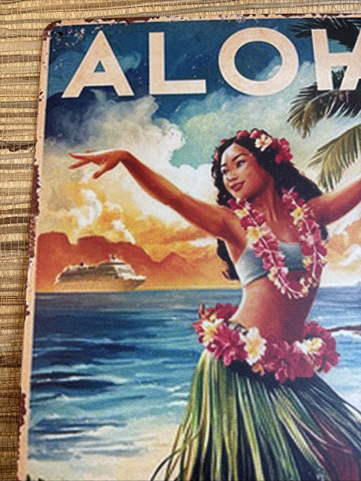 ALOHA From Waikiki Metal Tin Sign 12″ x 8″ Vintage Style Tiki Bar Hula Girl New