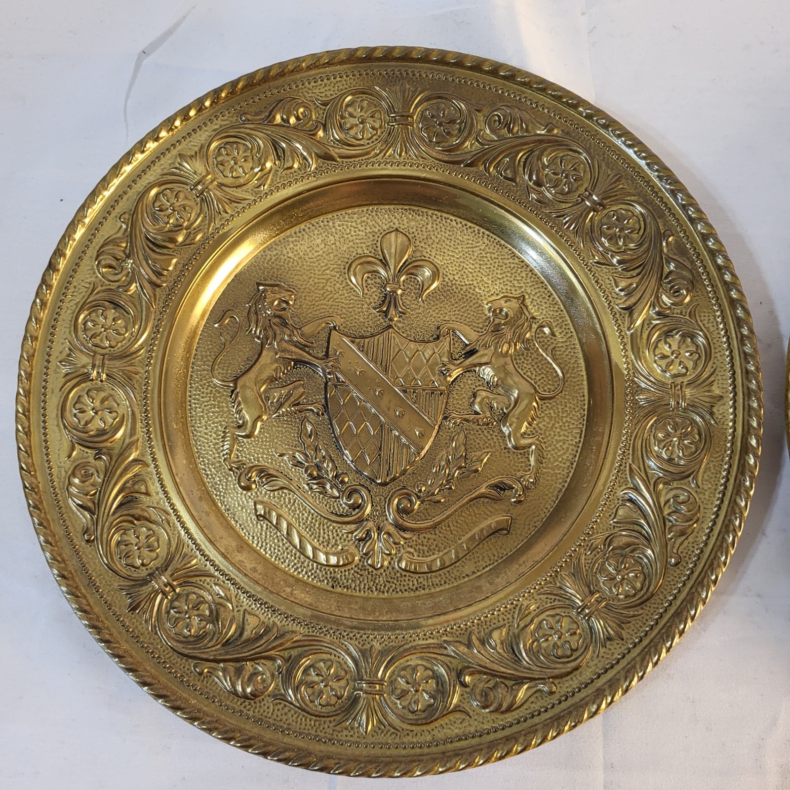 Vintage 12″ Pair of Embossed Brass Coat Of Arms Wall Plates Made in England