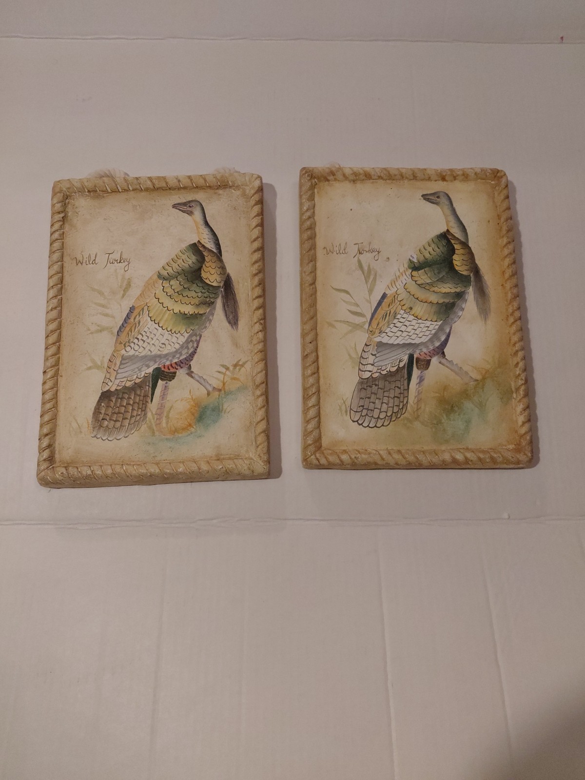 Plaster Wild Turkey Plaques Item 43062 Two Renee Dubois Hanging 11″x8″ Wall Art