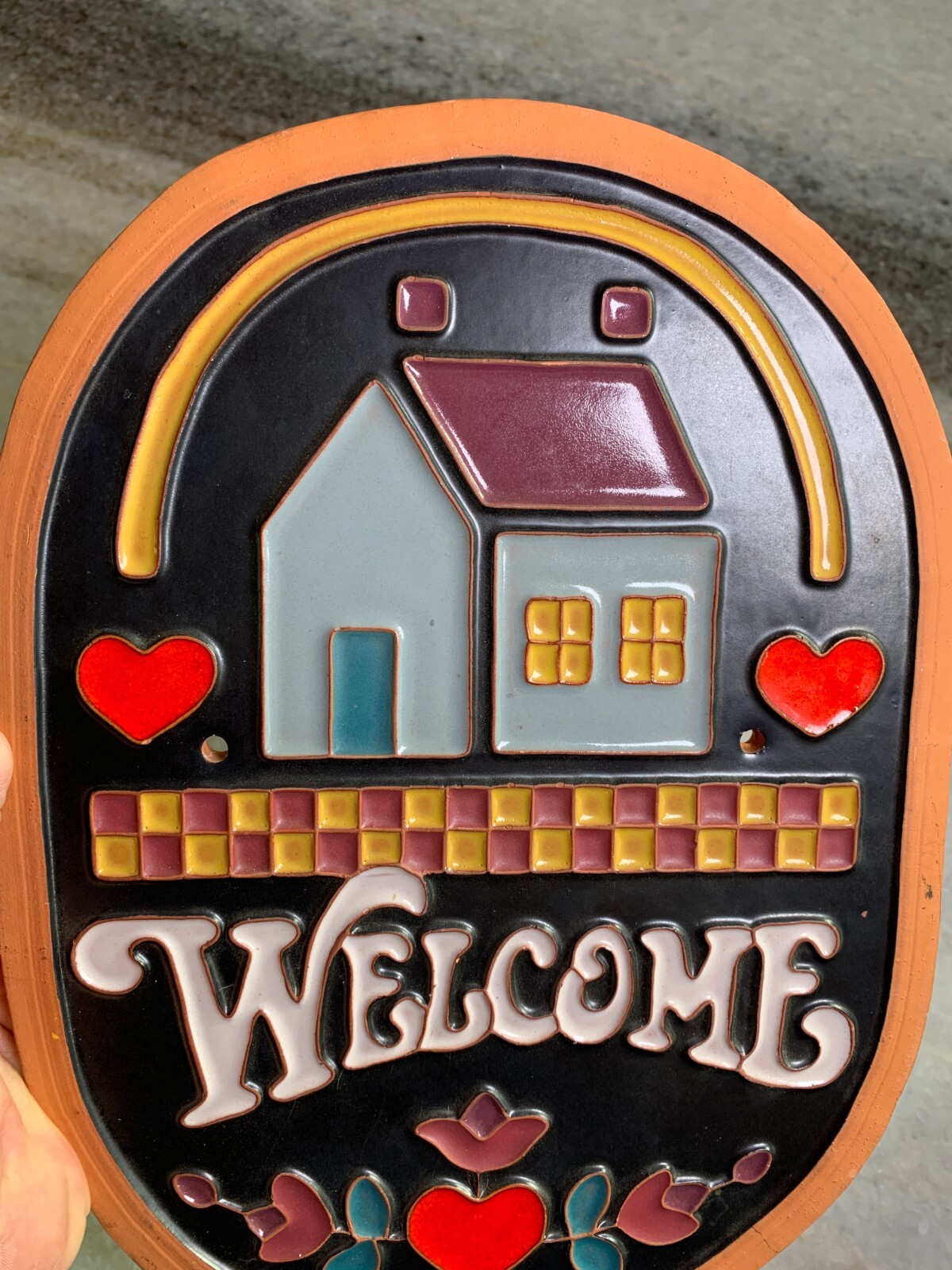 Vintage WELCOME Home House Sign Plaque Exterior Outdoors Hearts Terra Cotta