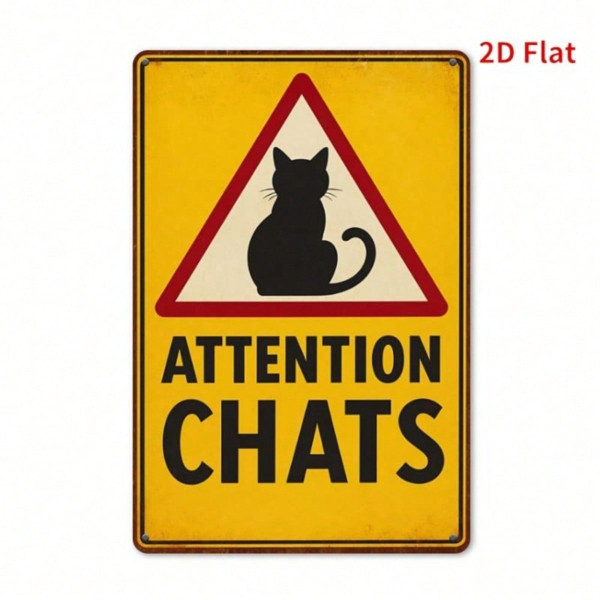 Vintage Metal Sign Attention Chats French Cat Warning Sign Wall Decor Plaque