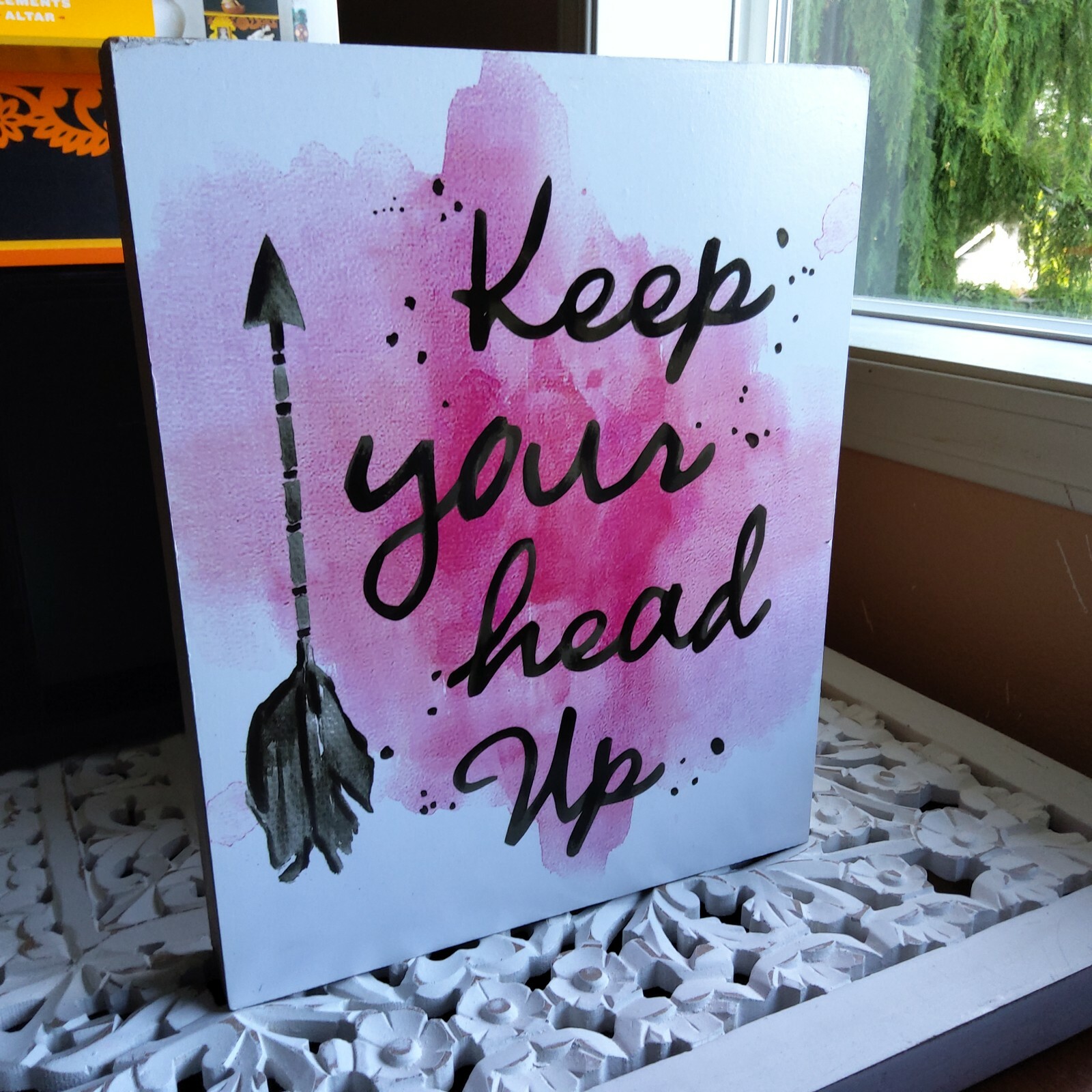 Keep Your Head Up Wooden Wall Decor 12 x 9.5 Pink White Encouragement Art Arrows