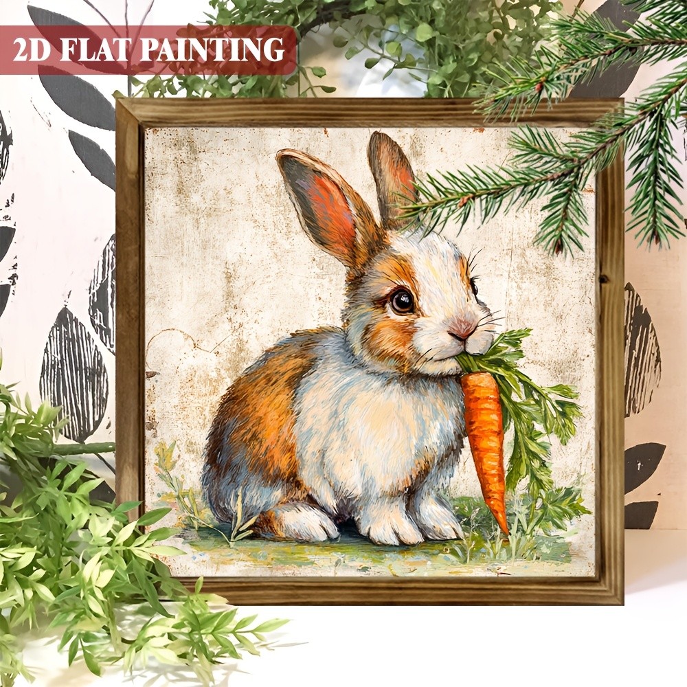 Easter Brown White Bunny With Carrot Wooden Plaque Vintage Farmhouse Wall Decor