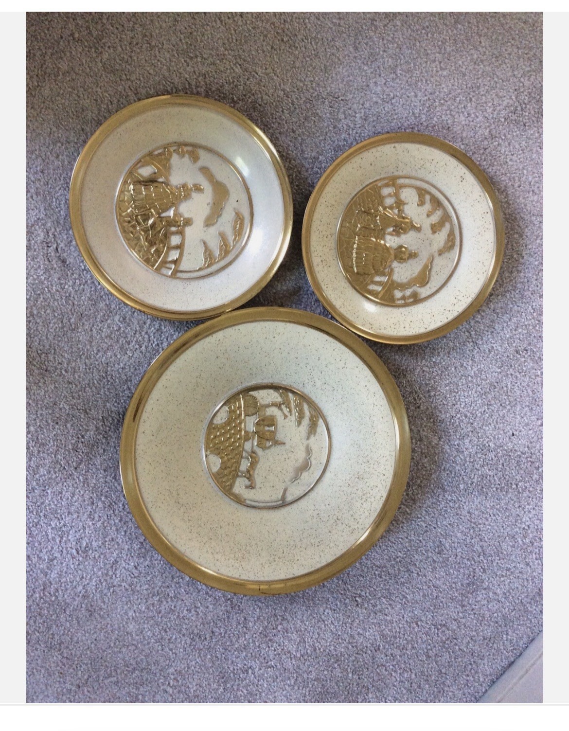 Vintage Brass Wall Art Plates Set of 3 Embossed Relief Scenes 14” & 10”