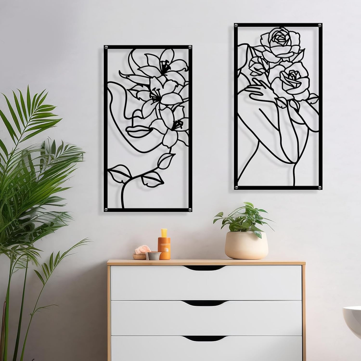 Metal Wall Art Abstract Minimalist Single Line Woman Flower Decor Art