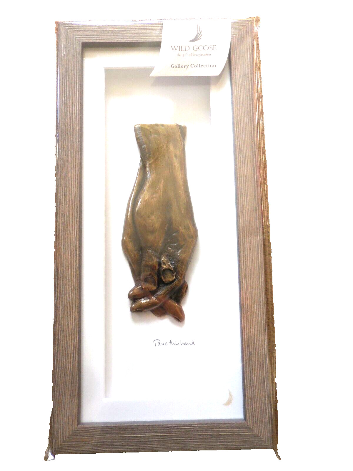 Take This Hand Bronze Wall Plaque w/ Italian Grey wood Frame, Wild Goose Studio