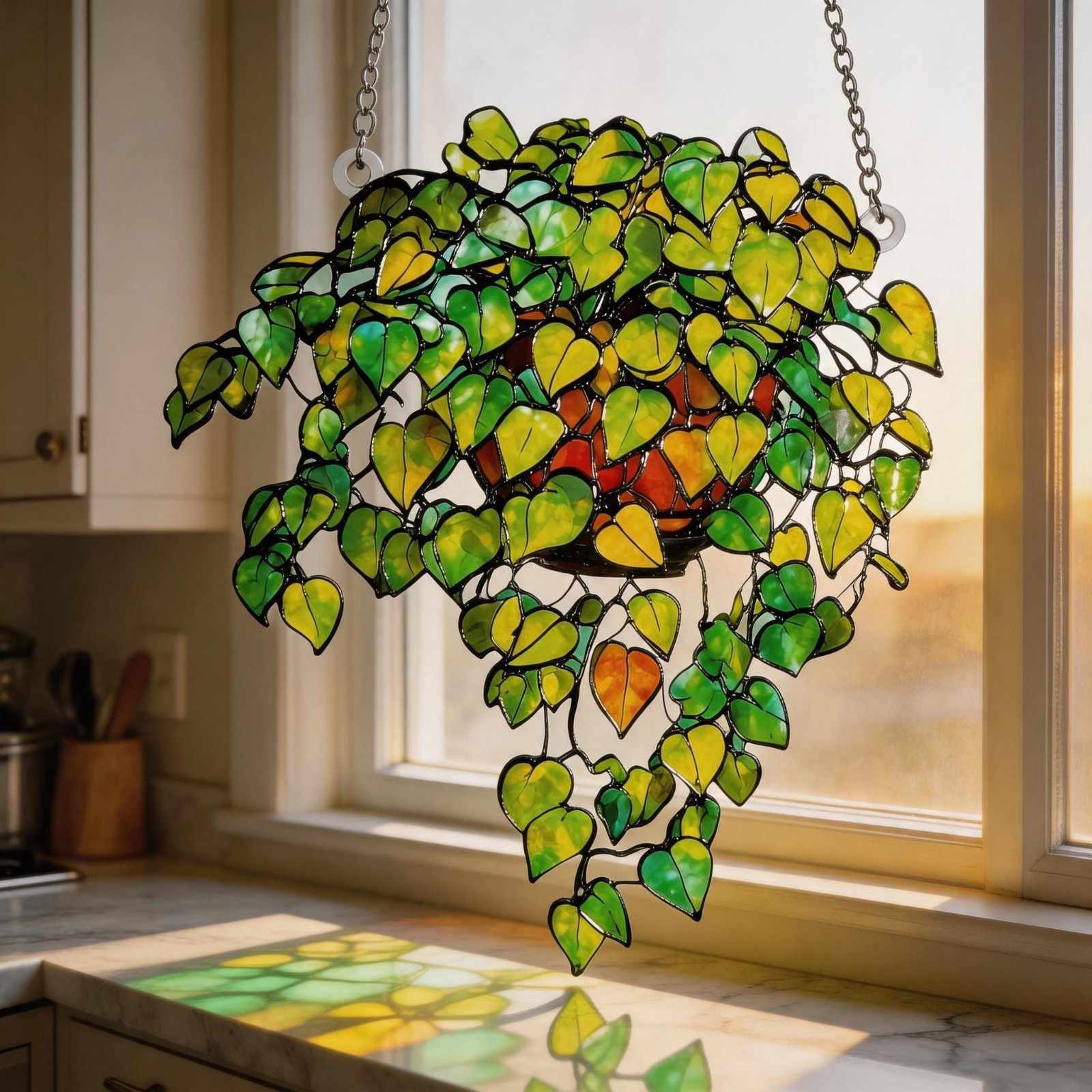 Hanging Plant Suncatcher, Green Leaf Window Decor, Ivy Plant