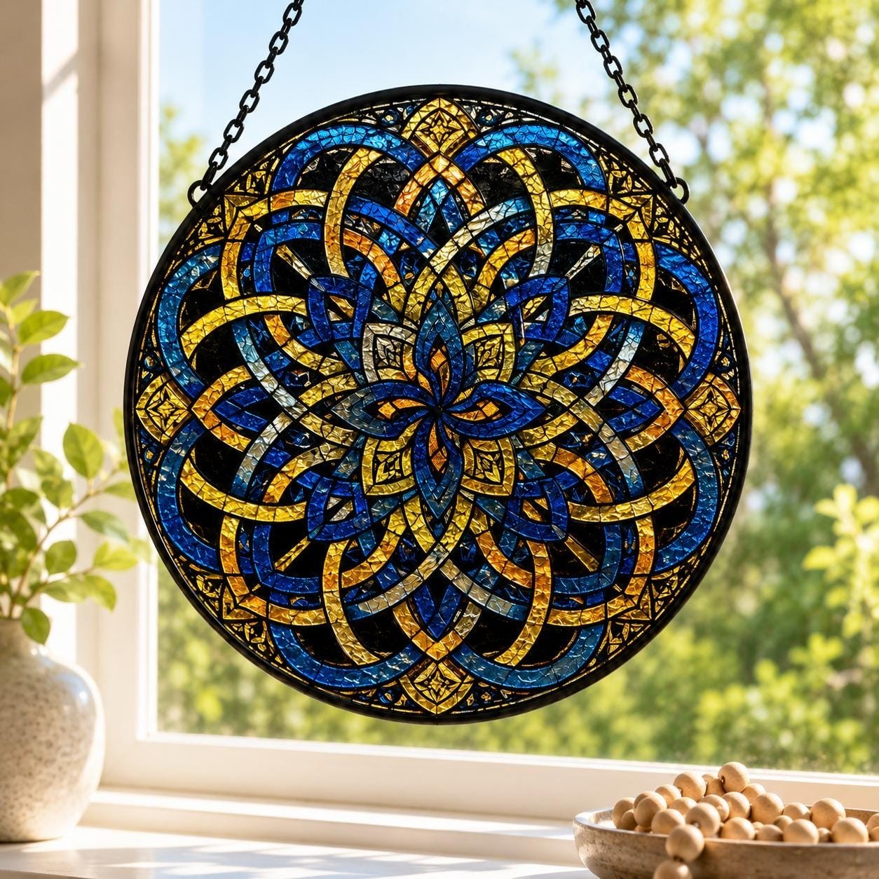 Celtic Knot glass, Sapphire Blue Geometric Window Hanging, Irish Inspired